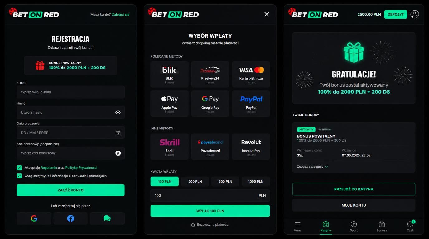 formularz rejestracji z polem kodu promocyjnego, wybór metody wpłaty, widoczny bonus w saldzie